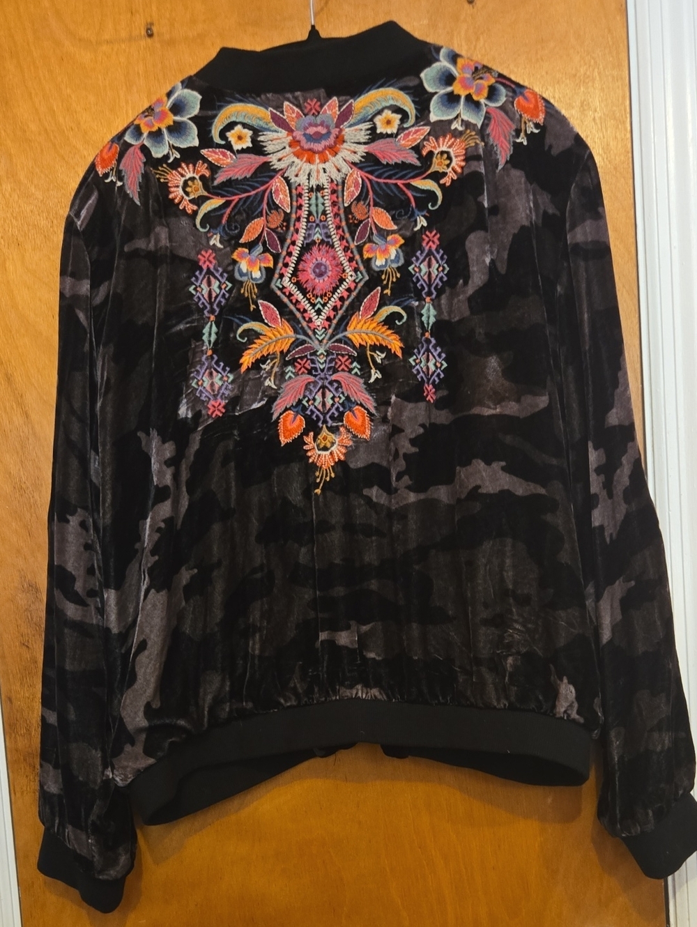 Johnny Was Black Camouflage Embroidered Floral Velvet Bomber Jacket - Black - Picture 4 of 4